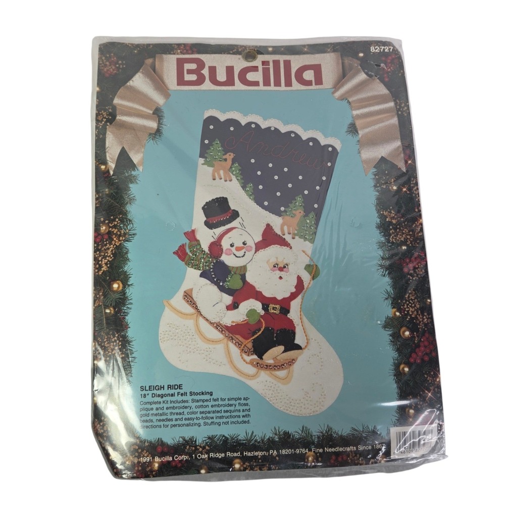 Bucilla Felt Stocking Kit Sleigh Ride 18" 82727 Santa Claus Snowman 1991 New